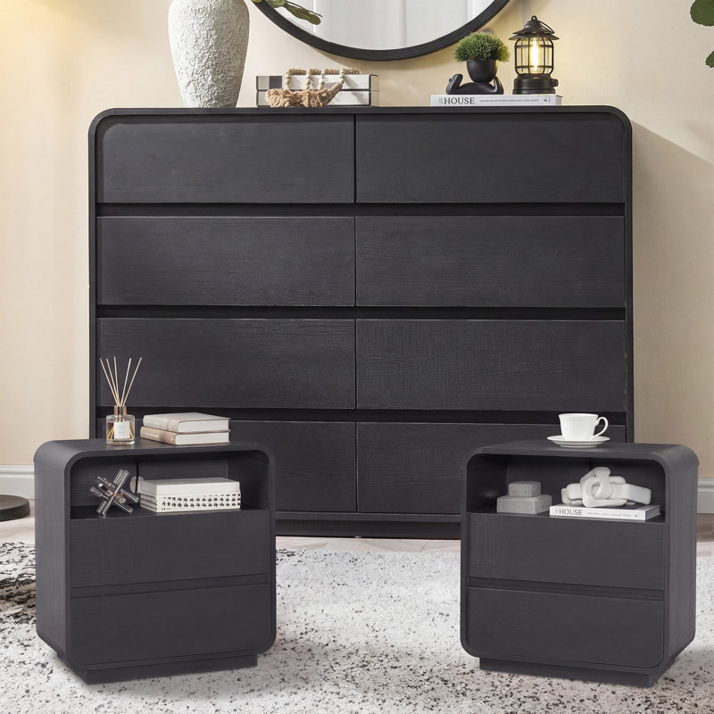 Ensemble de chambre à coucher 3 pièces courbée noire avec station de charge, Black, 3 Pcs: Dresser, 2 Nightstands