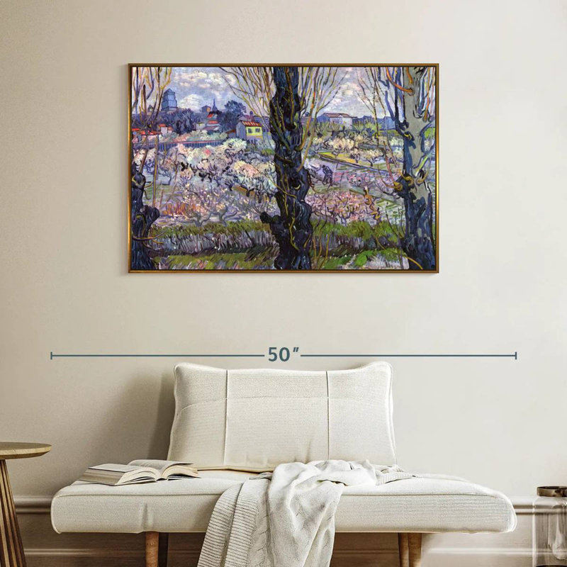 Vue des vergers en fleurs d'Arles, Cadre flottant doré, 40 po x 27 po