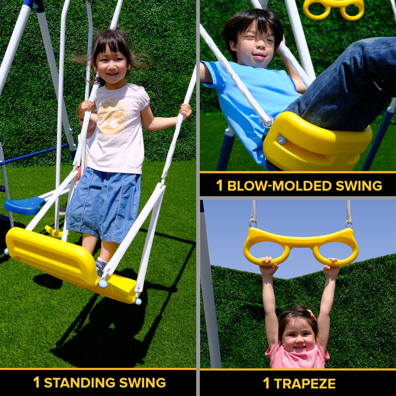 Blue and White Metal Swing Set with Slide and Swings