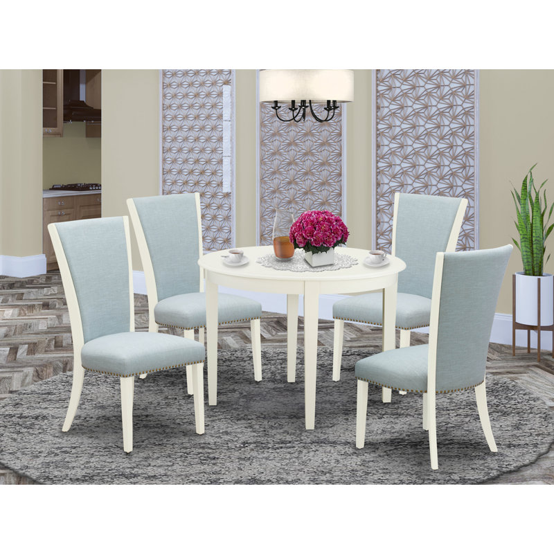 5 Piece Modern Dining Table Set Includes a Round Kitchen Table and 4 Baby Blue Linen Fabric Upholstered Parson Chairs, 42x42 Inch, Linen White