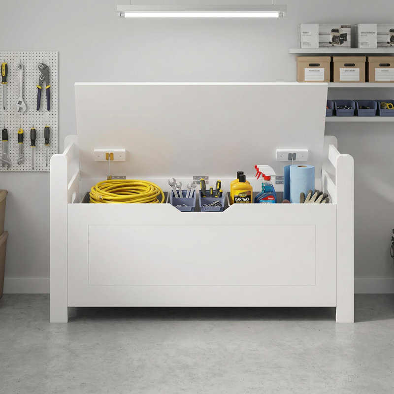 36" Garage Storage Bench with Cushion Seat, Flip-Top Lid and Safety Hinges for Utility Room