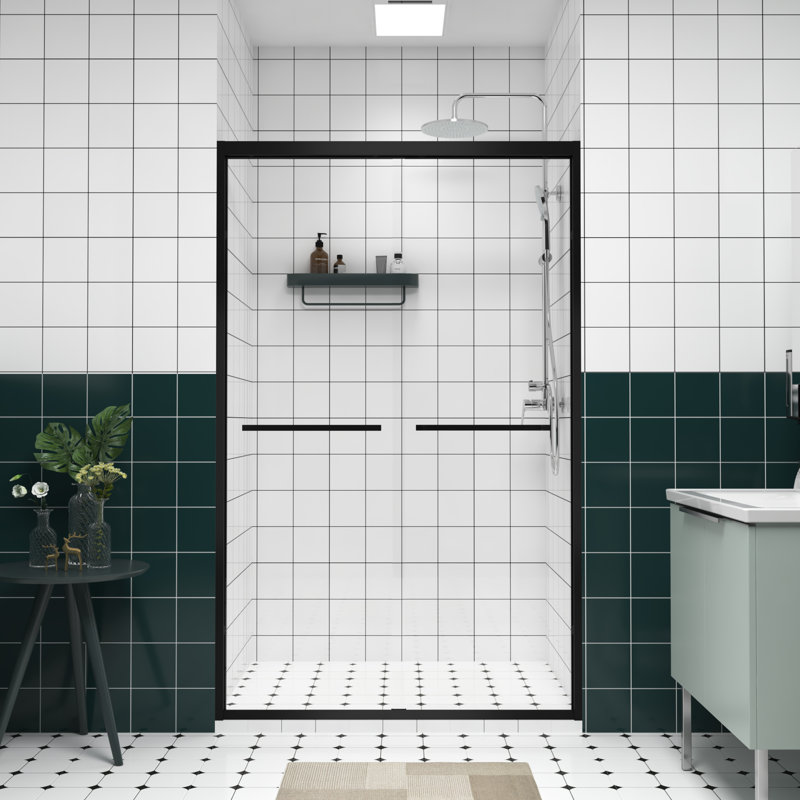 76" High Double Sliding Shower Door With Handle For Towel Hanging, Black Aluminum Frame, Easy Installation Steps Guide
