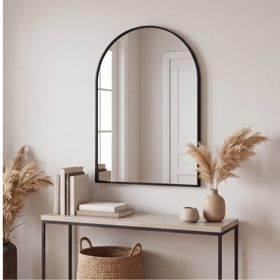 20x30 Inch Black Metal Framed Arched Bathroom Wall Mirror