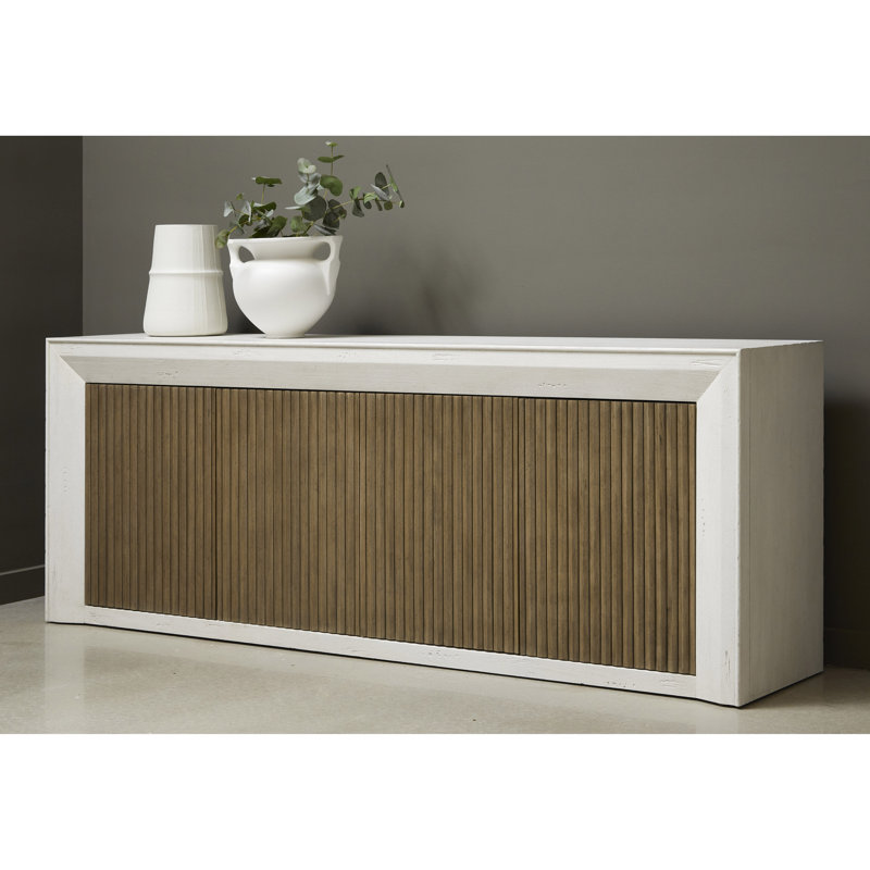 White and Medium Wood 4-Door Storage Console with Adjustable Shelves