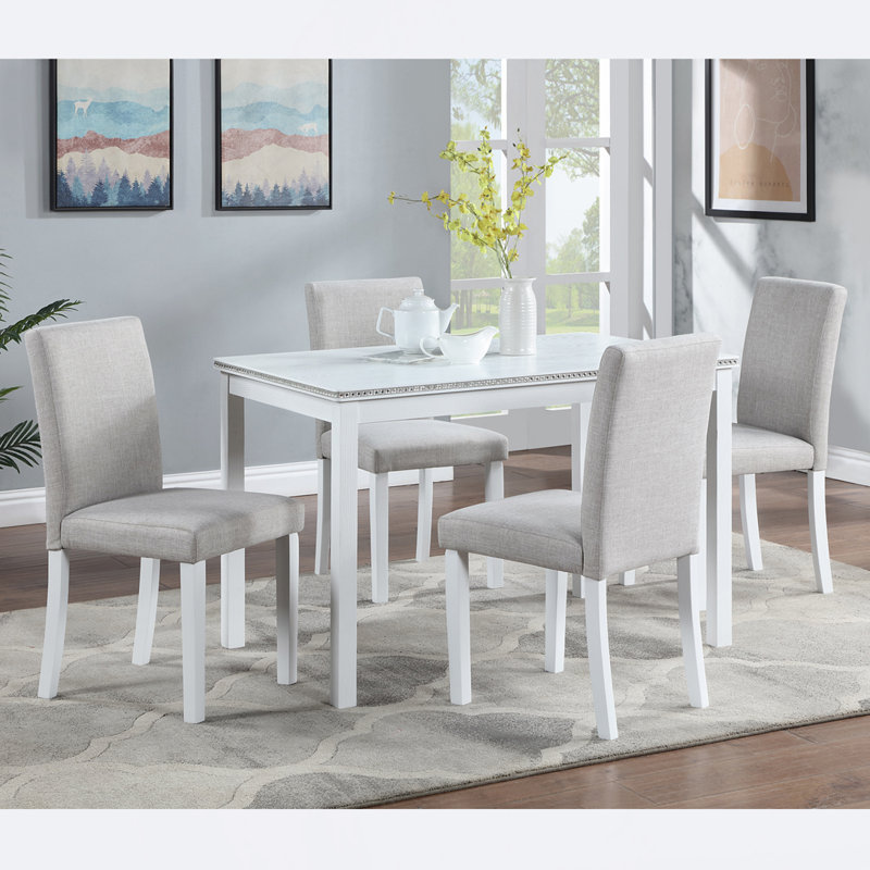 Ensemble de table de cuisine avec une table rectangulaire et 4 chaises rembourrées, Blanc