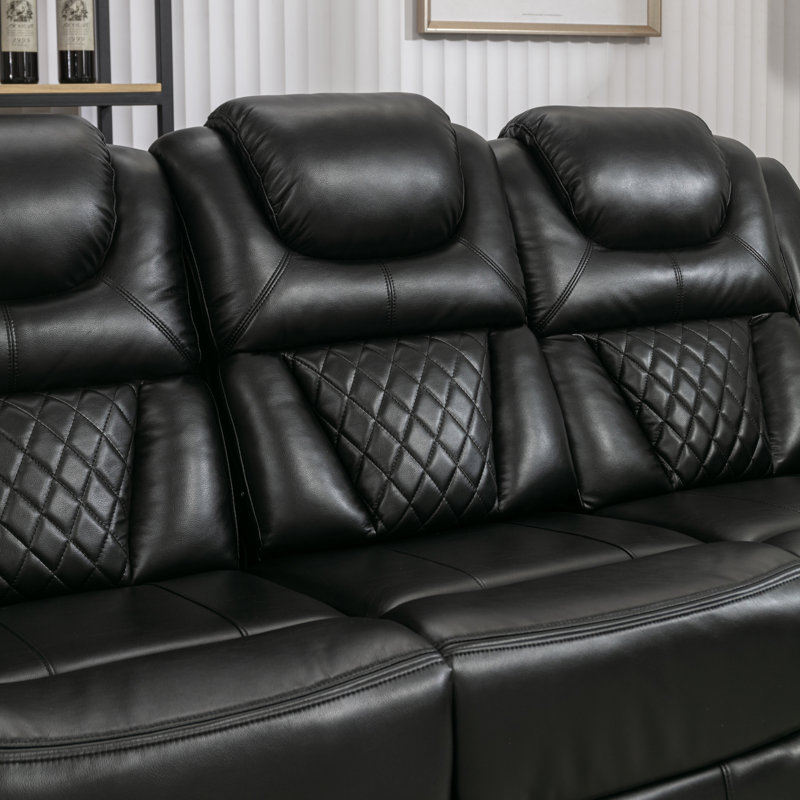 Home Theater Seating Manual Recliner Chair With Center Console And LED Light Strip For Living Room, Black