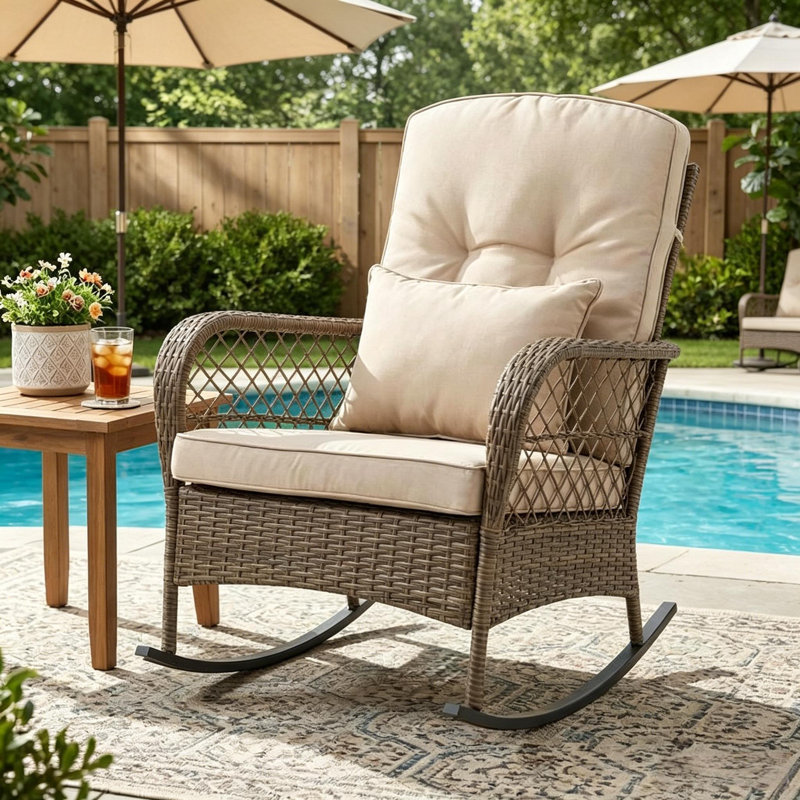 Patio Rattan Rocker Chair with Thick Cushion and High Back for Garden Backyard Porch, Beige Wood