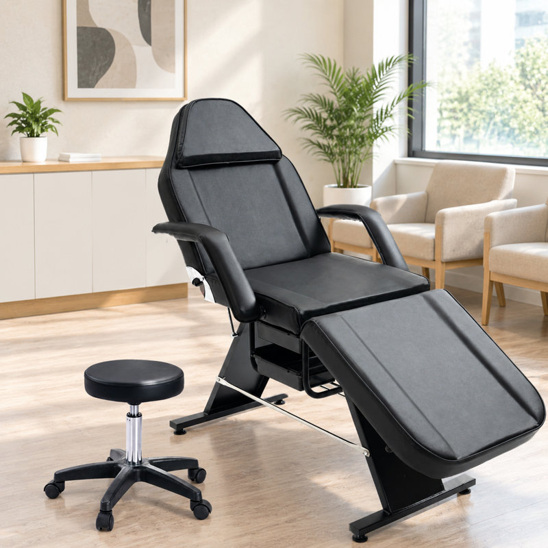 Fauteuil de tatouage facial réglable en 3 sections avec tabouret hydraulique et deux plateaux