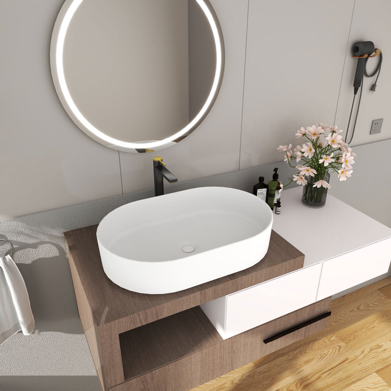 FRALIMK 15'' Matte White Solid Surface Oval Vessel Bathroom Sink