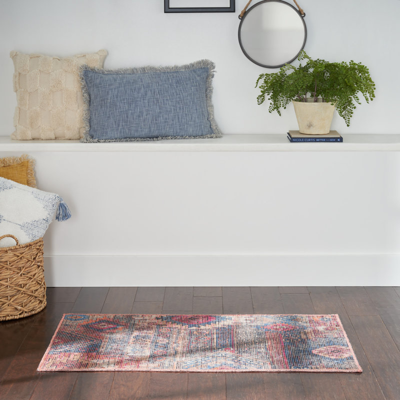 Machine Washable Southwestern Blue/Red Area Rug, Rectangle 2' x 3'9"