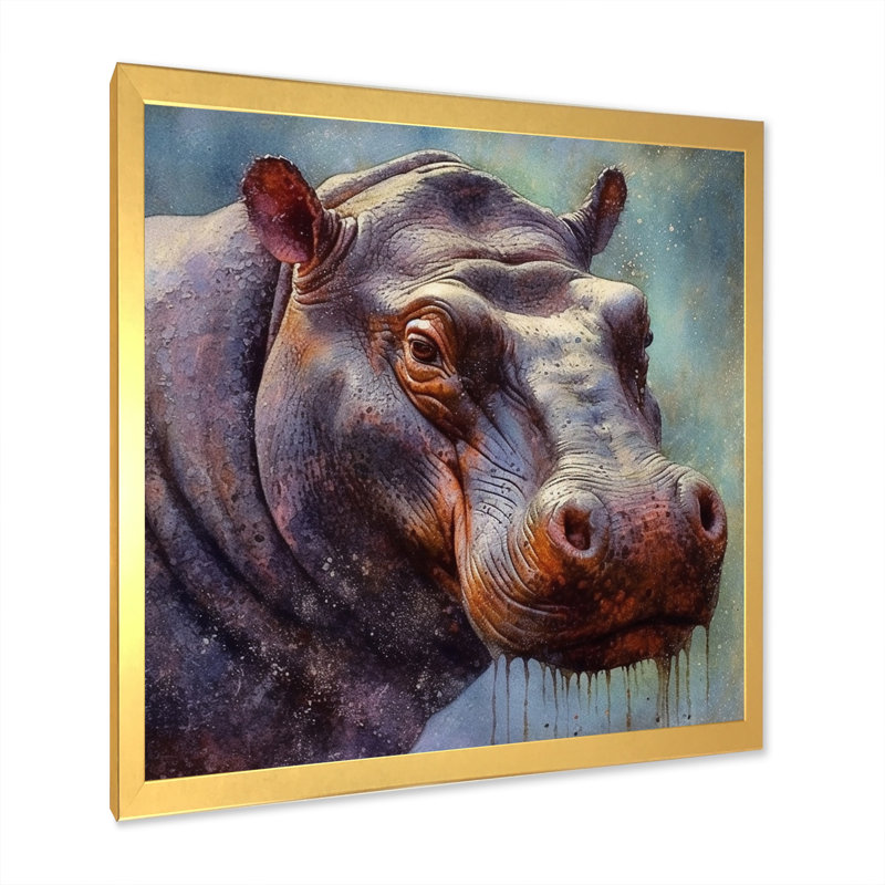 Hippopotame - animaux, art mural sur toile, H 24 po x l 24 po x P 1 po, Cadre doré à une seule photo