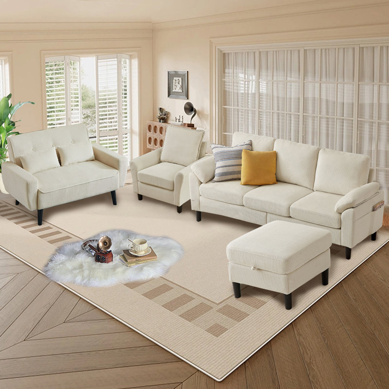 Ensemble de canapés en velours côtelé 4 pièces, canapé modulaire en L avec repose-pieds, causeuse et fauteuil simple, Beige
