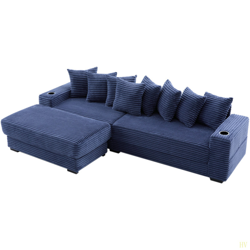 110.75" Modular L Shaped Sofa, Corduroy Fabric Sectional Couch,With A Movable Footstool, Cup Holders,Bring 8 Throw Pillows,Side Pocket,Unfold Into A Bed