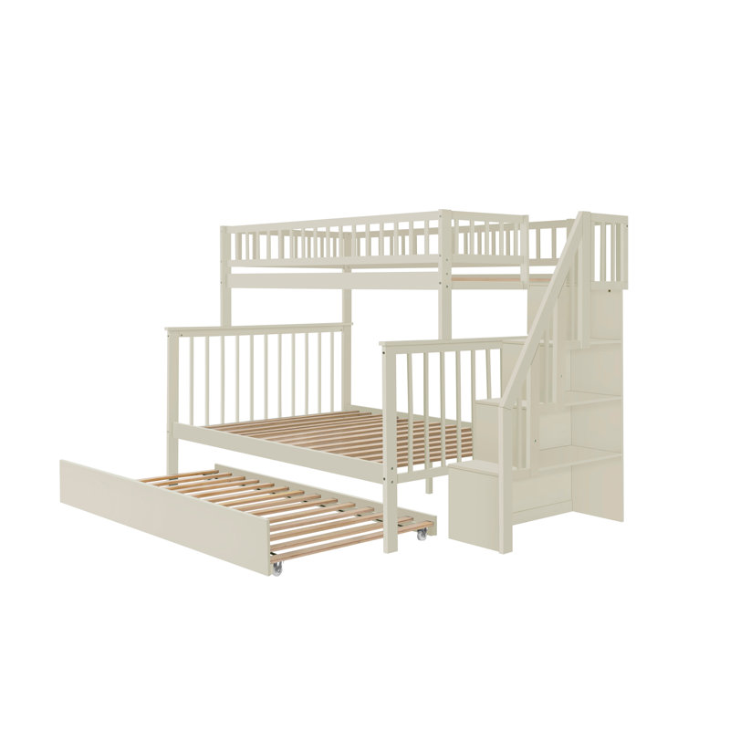 Twin Over Full Stairway Bunk Bed With Trundle,Cream, Cream