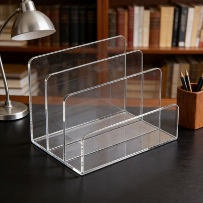 Organisateur de bureau en acrylique transparent avec 3 compartiments, porte-documents robuste pour documents de bureau, magazines, livres et rangement à domicile