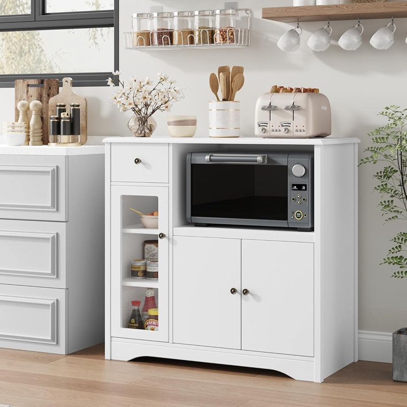 Armoire à micro-ondes - Rangement de cuisine avec 3 portes, 1 tiroir et tablettes réglables, support de micro-ondes buffet pour la cuisine ou la salle à manger, blanc