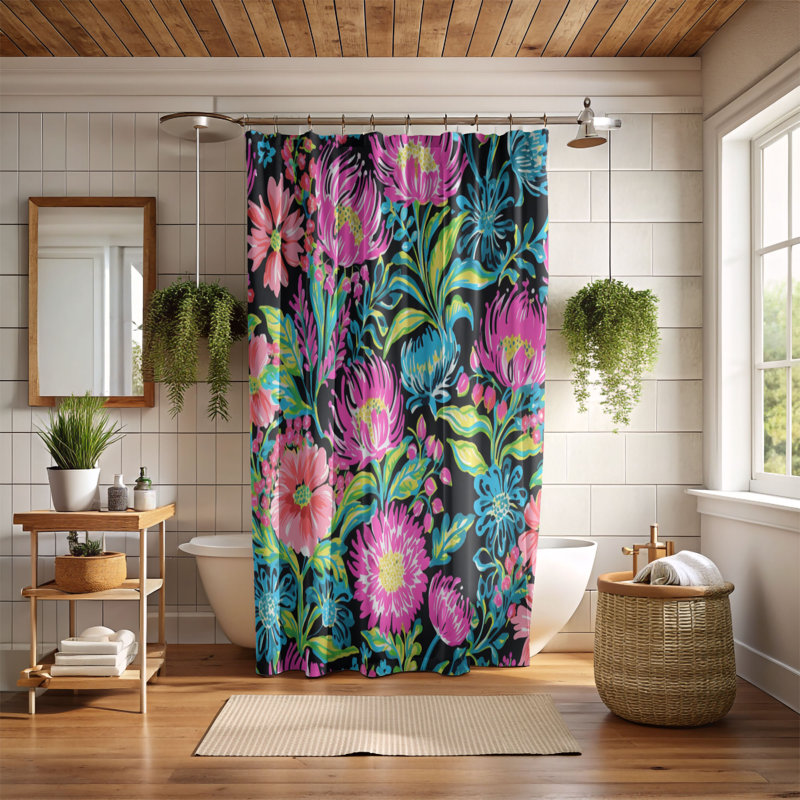 Rideau de douche standard 1 pièce Vivid Night Blossoms, H 74 po x l 71 po