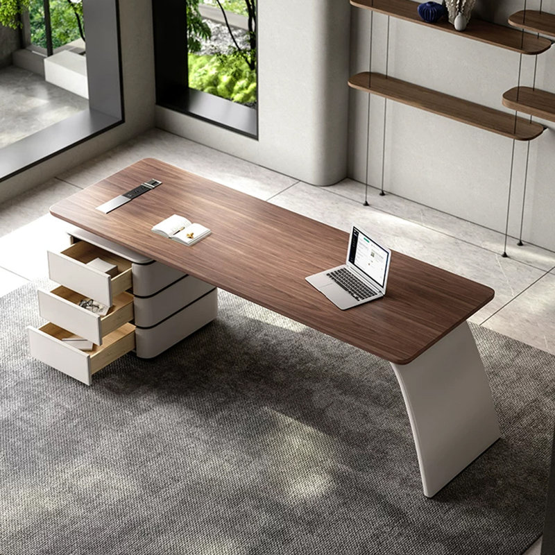 Bureau rectangulaire à 3 tiroirs en bois manufacturé brun noisette + blanc beige, H 29,53 po x l 65,75 po x P 27,56 po