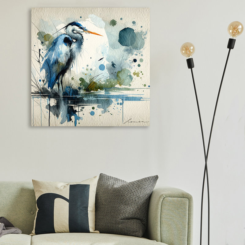 Blue Reverie - Héron abstrait sur toile, H 30 po x l 30 po x P 1,5 po