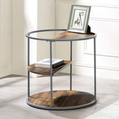 Table de bout en noyer gris avec demi-tablette décorative 3 tablettes à cadre thermolaqué industriel grain de bois répliqué 24 po de profondeur 1pc inclus