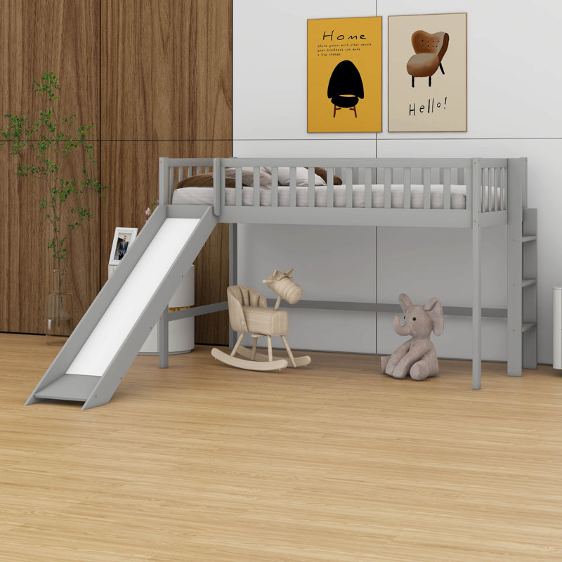 Lit mezzanine simple en bois avec garde-corps, glissade et échelle, Gris
