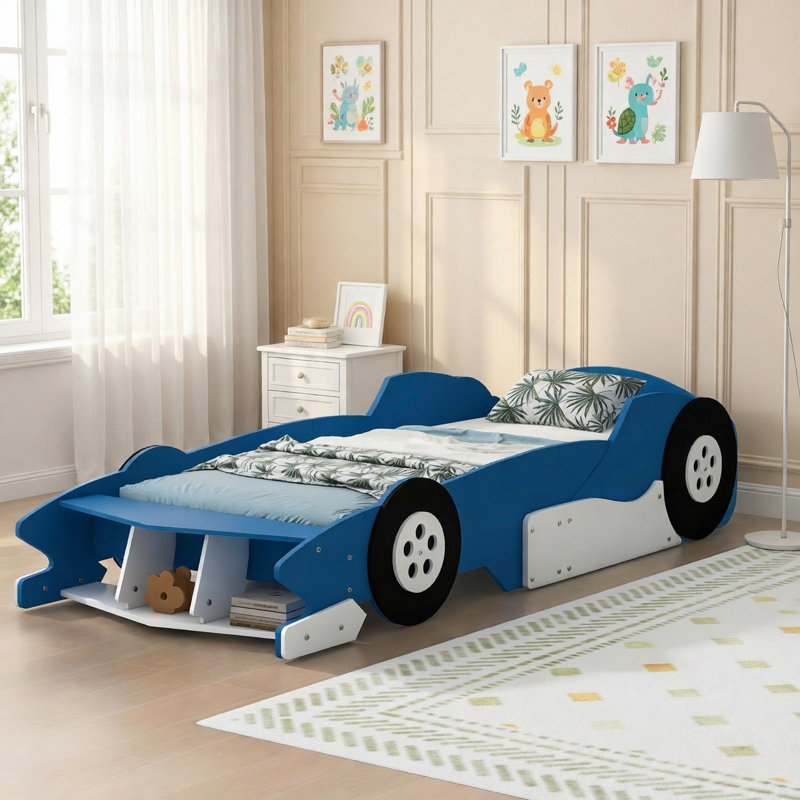 Lit plateforme simple en forme de voiture de course avec roues, bleu, Bleu, Lit simple