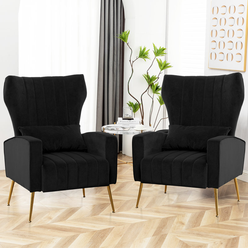 Chaise d'appoint rembourrée avec coussin pour le salon (ensemble de 2), Velours noir