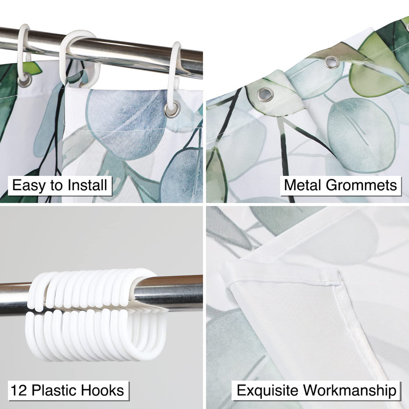 Bathroom Shower Curtain with 12 Hooks, Green Floral 1