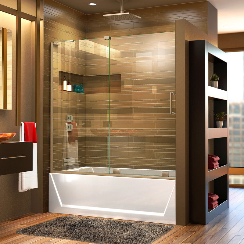 Porte de baignoire coulissante sans cadre l 55 à 59 po x H 58 po Mirage-X de DreamLine, Vers la droite, Nickel
