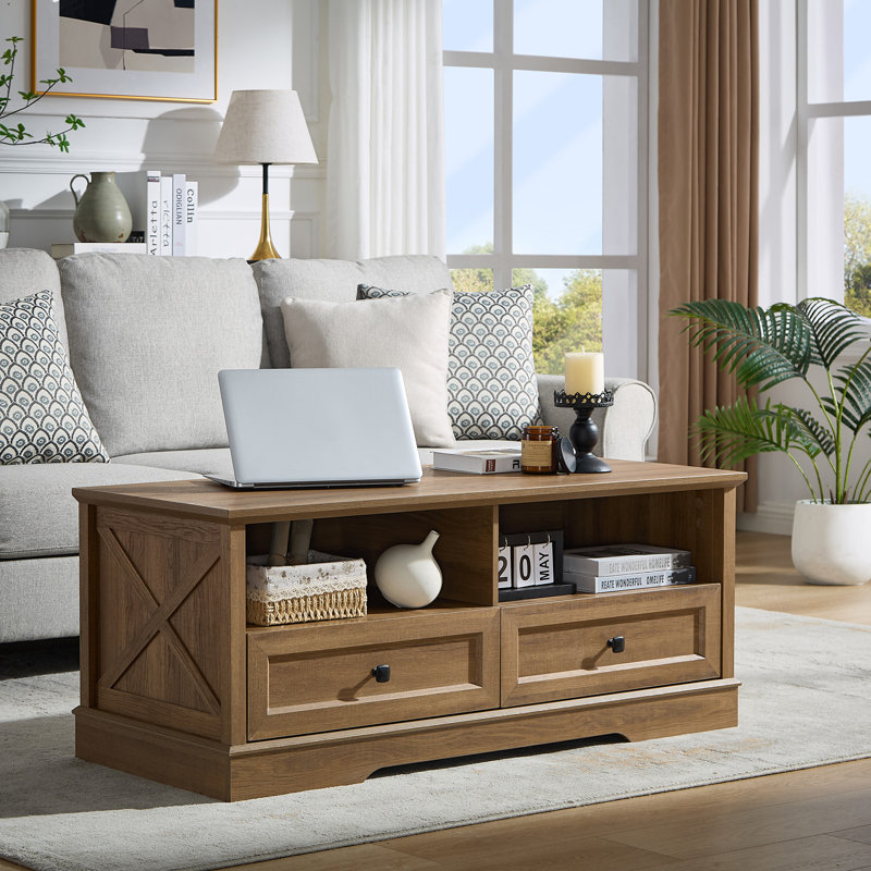 48" Farmhouse Coffee Table for Living Room, Wood Coffee Table with Storage, Rectangular Table Center Table with 2 Drawers, Large Tabletop Dining Table for Home Living Room