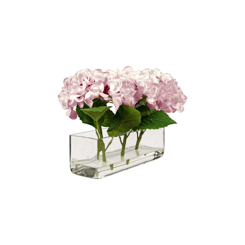 Pink Real-touch Hydrangeas In Rectangular Glass Vase, Pink