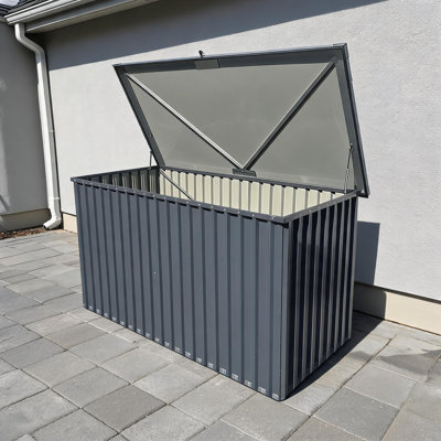 180 Gal Waterproof Metal Outdoor Storage Box, UV Resistant Patio Deck Box with Lockable Lid & Hydraulic Struts, for Garden Tools & Cushions