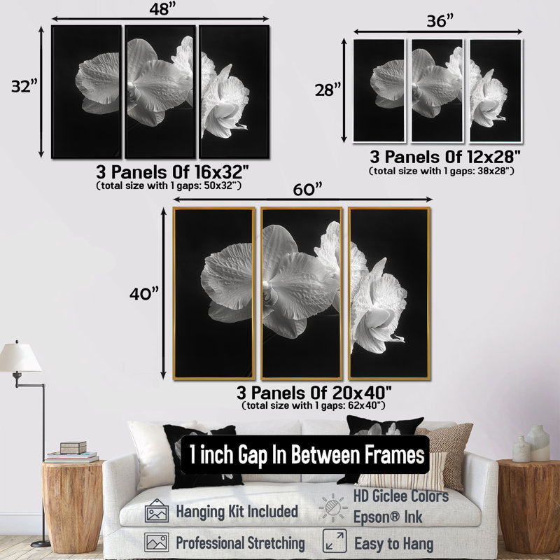 Ensemble de salon Roddy - Orchids Wall Art, Toile avec cadre flottant or, H 28 po x l 36 po x P 1 po