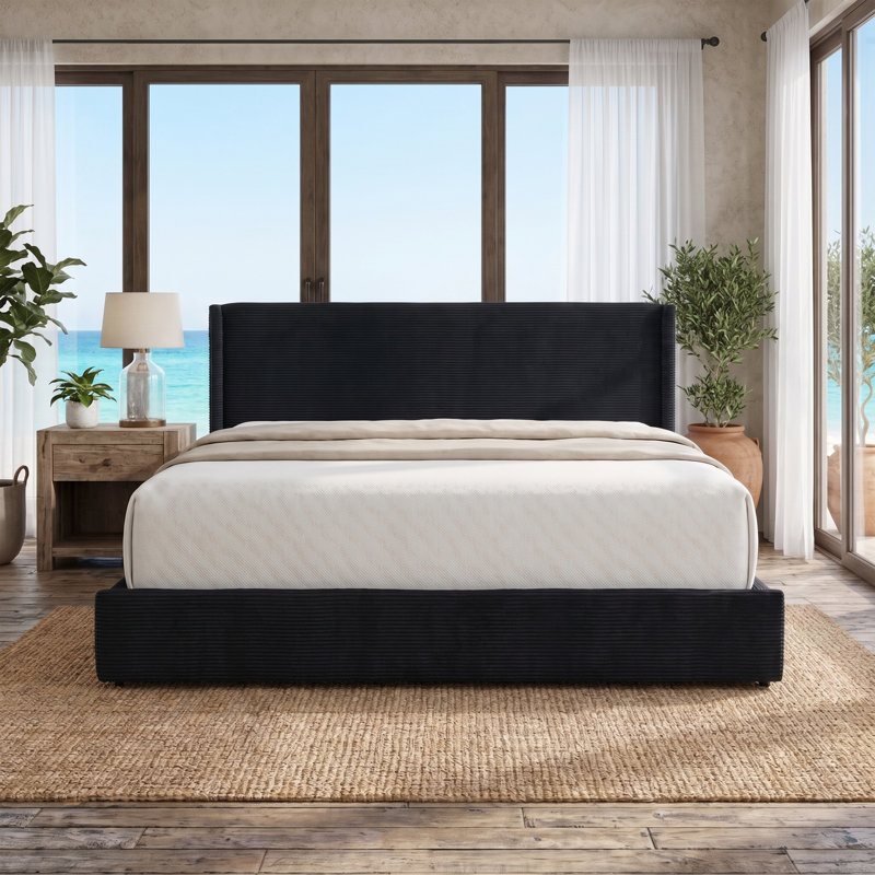 Modern Wingback Upholstered Platform Bed, Black, King