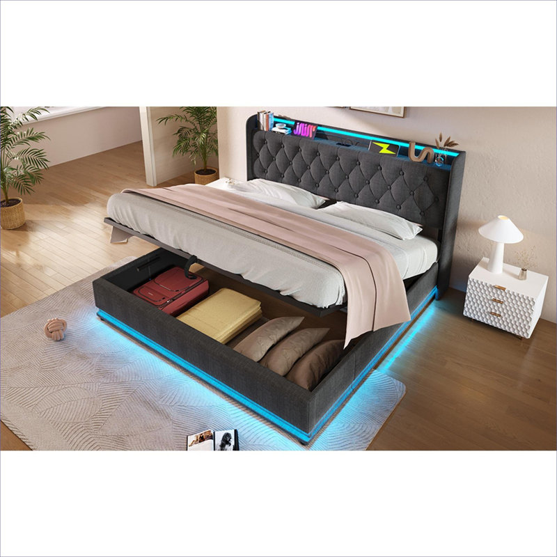 Structure de lit rembourrée hydraulique pour chambre à coucher, très grand lit en lin gris classique avec 360 DEL DEL et charge USB-C