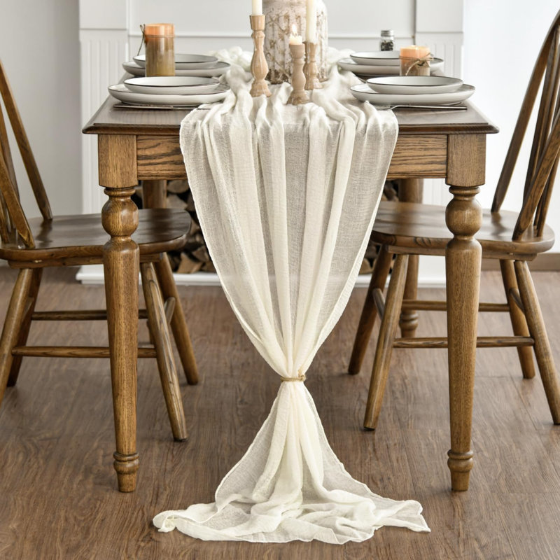 Beige Boho Gauze Wedding Cheesecloth Table Runner 400 cm | Seasonal Bridal Fabric Kitchen Dining Holiday Table Decor for Home Party