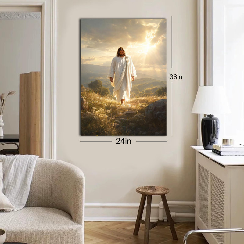 «Jesus Walking Grass Mountain Golden Sunset», reproduction d'art sur toile, peinture chrétienne à plat, 12 po x 18 po