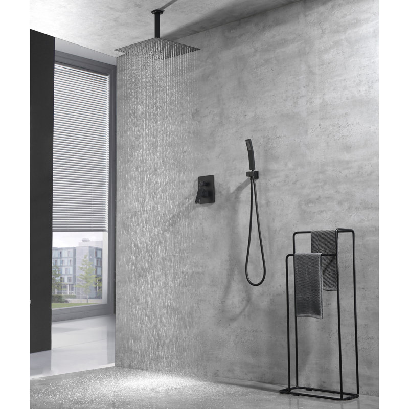 Douche de plafond - Tête de 16 po à main, fabrication en laiton avec main et tête, Noir mat
