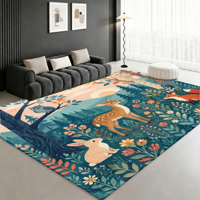 Tapis d'intérieur à motif d'animaux de la forêt, avec lapins, cerfs, renards et hiboux, pour une décoration intérieure colorée et ludique. Parfait pour le salon, la chambre à coucher, la salle de jeux, le dortoir ou la salle de jeux.