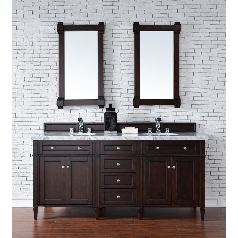 Brittany 72" W Double Vanity, Burnished Mahogany, Carrara White, 8" Widespread