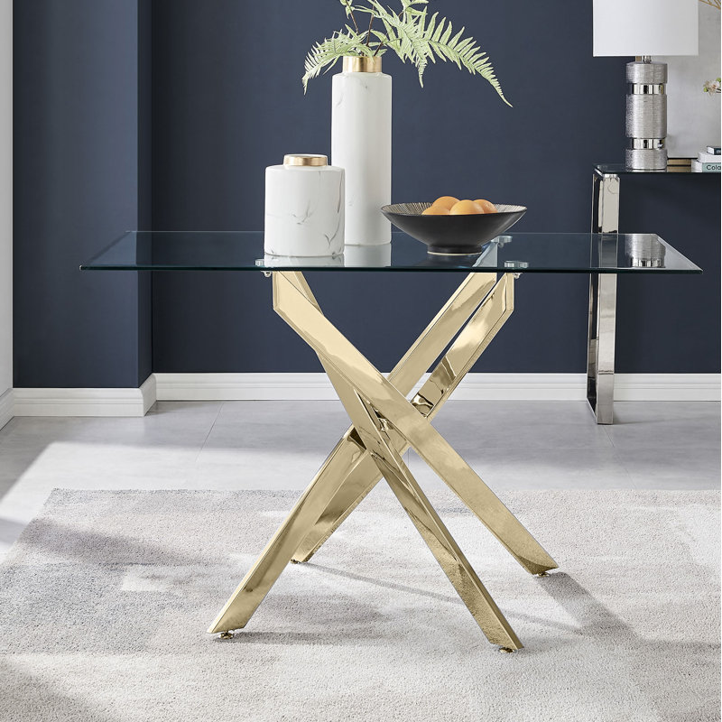 Lenworth Luxury Rectangular Dining Table in Glass and Chrome Metal - Modern Statement Design, 75H x 120W x 70D, Gold