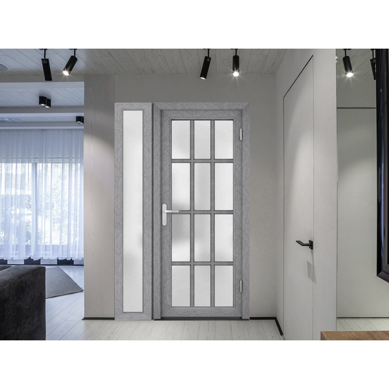 Façade extérieure pré-montée Fibre de verre porte givrée / Manux 8312 frêne gris / fenêtre extérieure latérale / Bureau Portes d'entrée commerciales et résidentielles Garage-l 36 po x H 80 po - Gauche