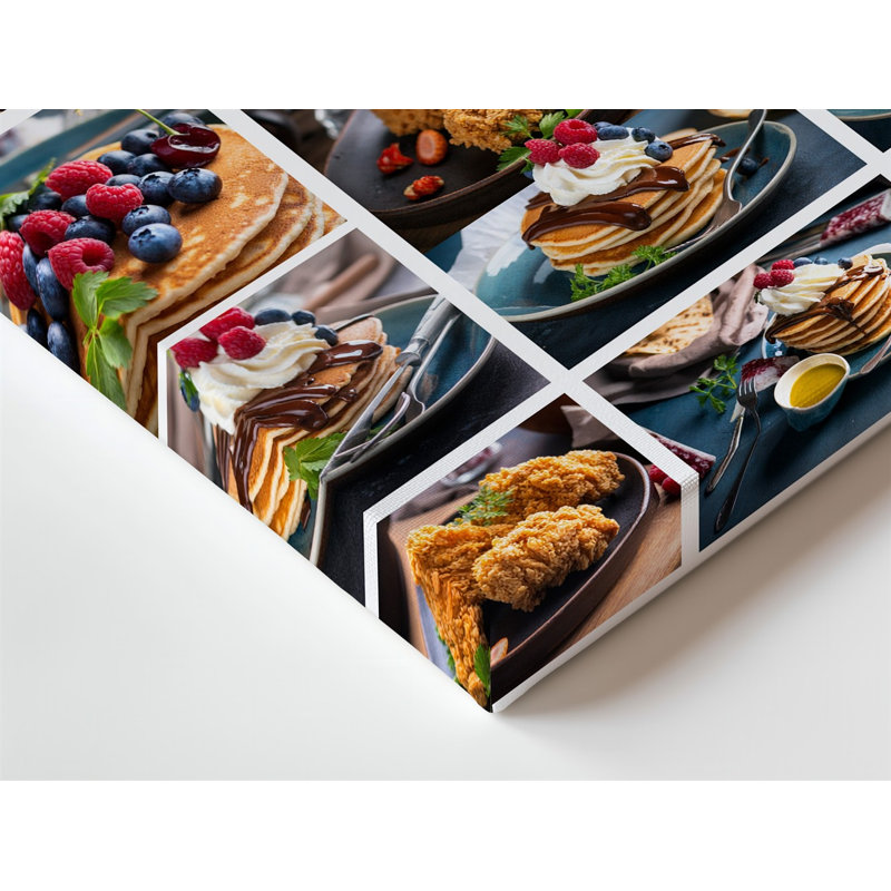 Toile, collage vibrant et attrayant mettant en vedette un art mural varié de plats, y compris des tacos de poulet frit croustillant