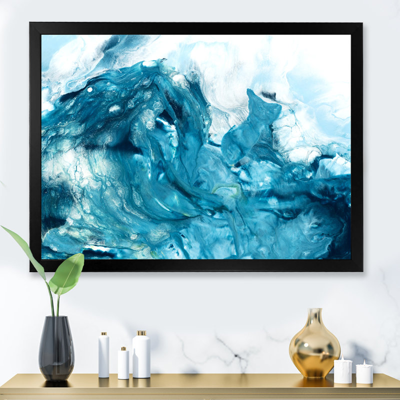 Art turquoise liquide - peinture sur toile, H 24 po x l 32 po, Toile avec cadre de coin noir fermé