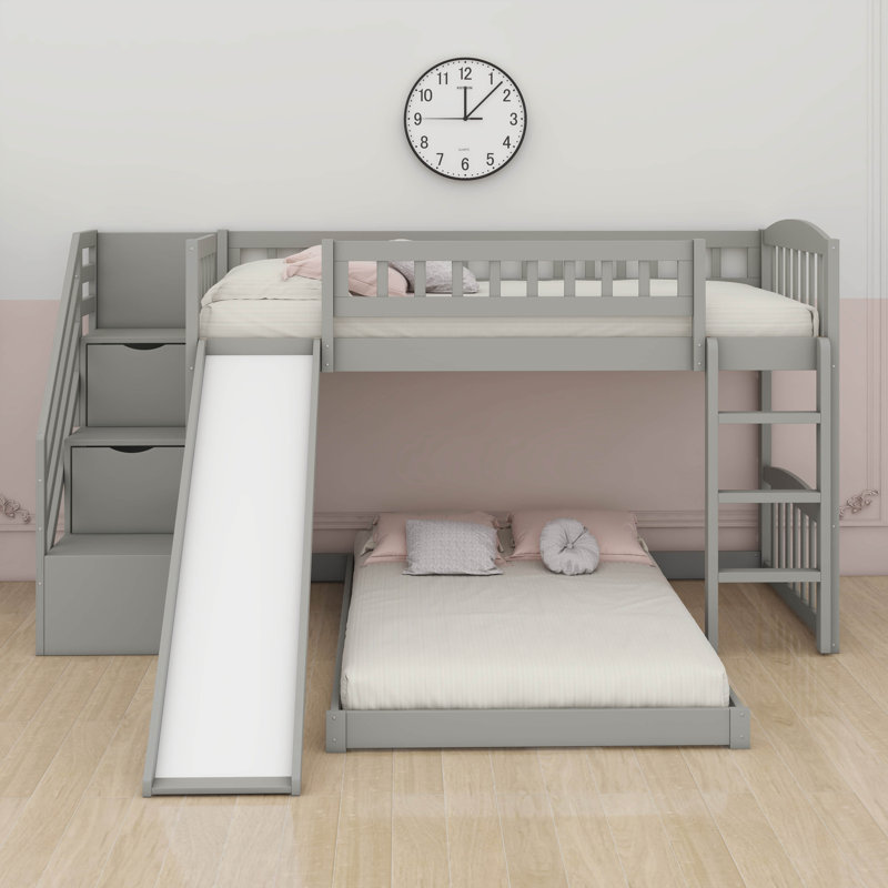 Lit superposé simple au-dessus de simple, escalier simple avec glissière et échelle, Gris