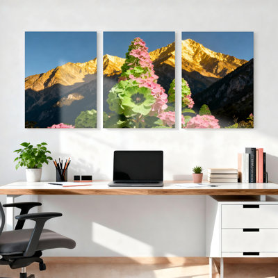 Mountain Landscape with Pink Flowers Canvas Wrapped Wall Art, Nature Photography Print (Set of 3)