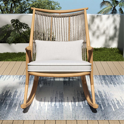 Comfortable Outdoor Rocking Chair With Weather - Tough Iron Frame In Maple Tone, Gray Pe For Comfort, Cushion Elegant Colored Frame, Woven Back, Thick Cushioning