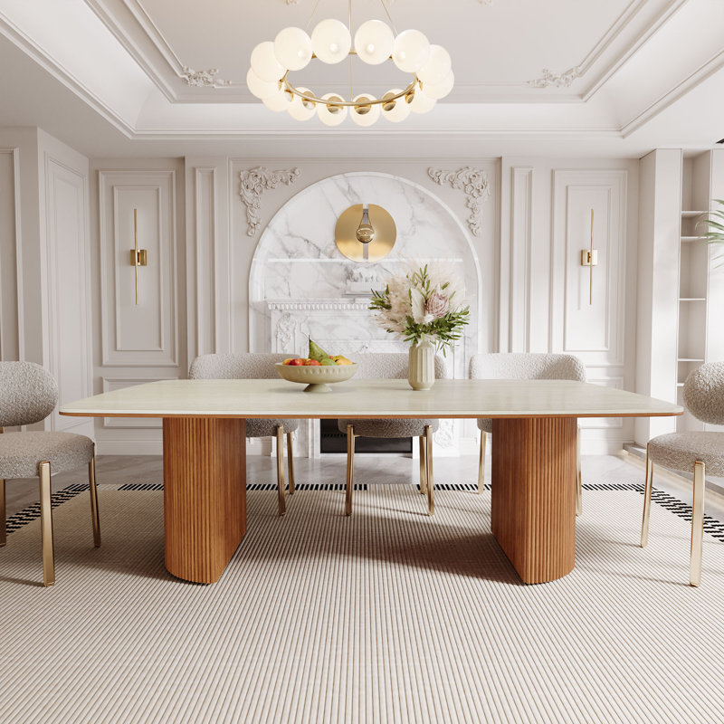 78.7" Stone Kitchen Dining Table For 8 With Solid Wood Legs, Travertine Slab Top, Semi-Circular Stripe Base