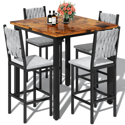 5-Piece Dining Table And Chairs, 1 Counter-Height Table And 4 Bar Stools, Modern Kitchen Furniture Set, Equipped With Cushioned Chairs, Compact Small Space Dining Table With Marble-Like Texture, Suitable For Living Room, Bar, And Kitchen Home Furniture
