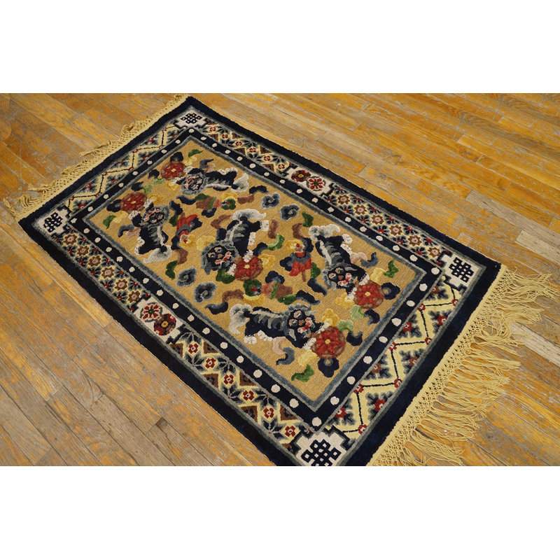 Antique Small Scatter Size Silk & Metallic Thread Chinese Foo Dog Design Rug
